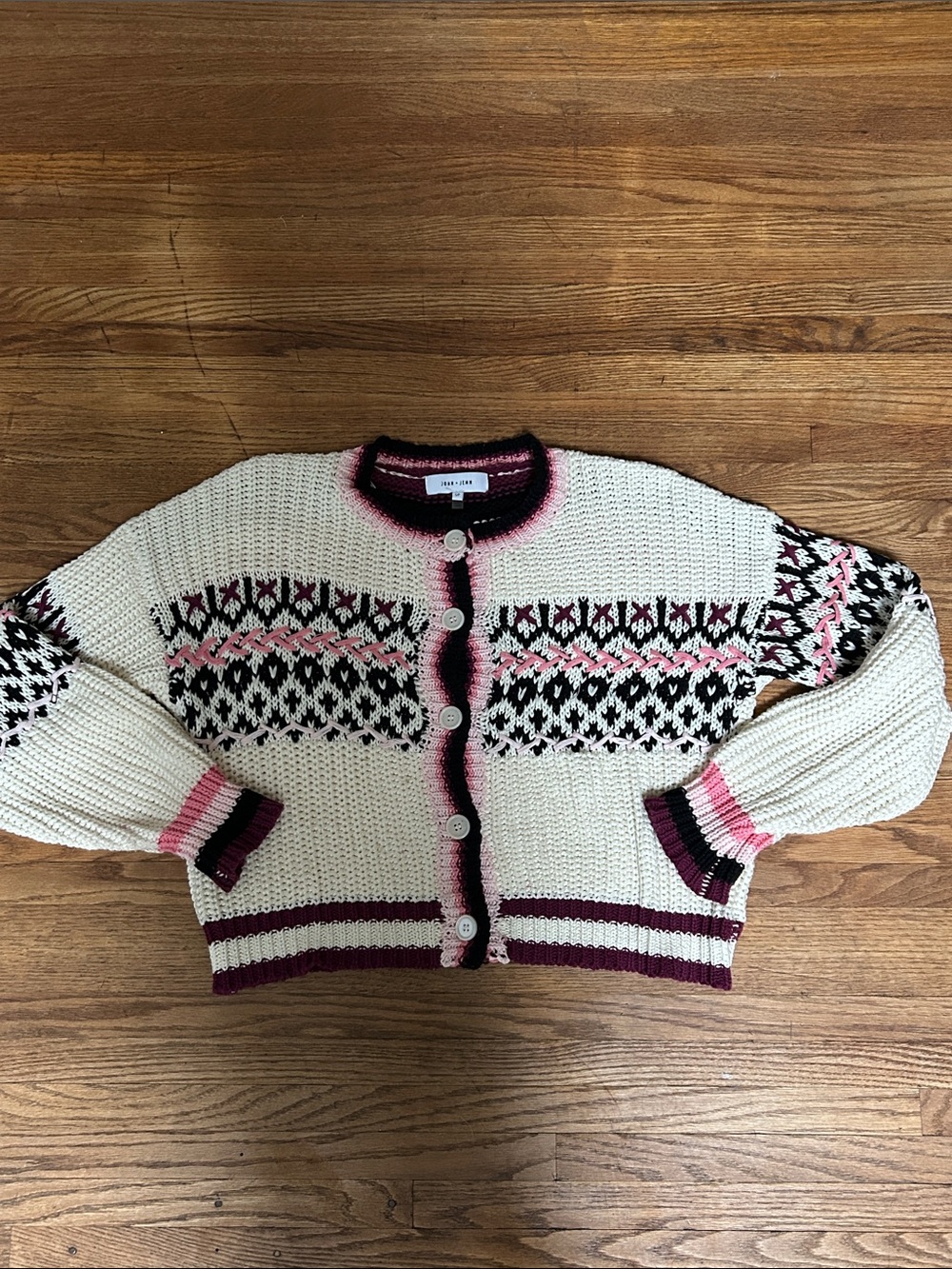 John + Jenn Cream Cardigan with Black and Pink Fair Isle Trim